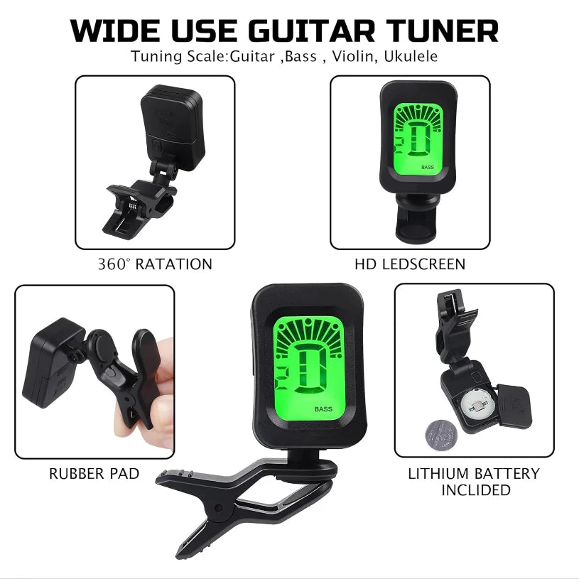 Guitar accessory set includes acoustic string, tuner, Capo, 3-in-1 rest tool, pick clip, bridge pin, nut and saddle, finger prot