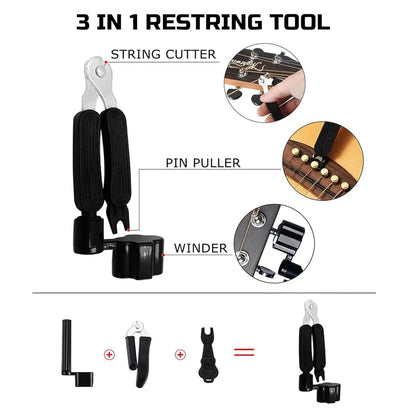 Guitar accessory set includes acoustic string, tuner, Capo, 3-in-1 rest tool, pick clip, bridge pin, nut and saddle, finger prot